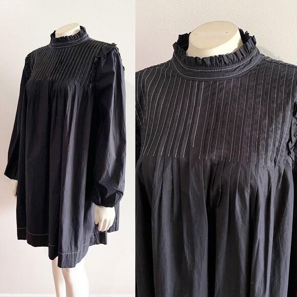 Ganni Women's Black Pintucked Cotton-Poplin Contrast Stitch Dress Size 36 Small - Picture 3 of 16